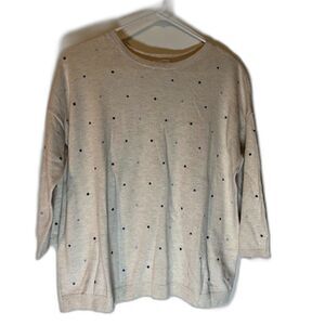 J Jill  Sweater MP Oatmeal Blue Polka Dots 3/4 Sleeve Preppy Business Casual